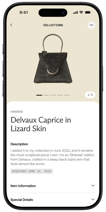Ethereal app screen showing an item's documentation and ownership history