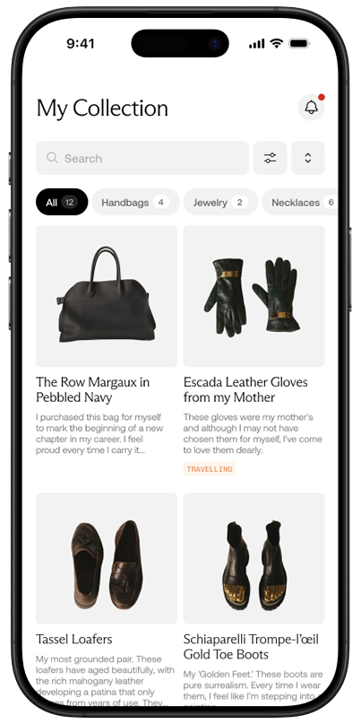 Ethereal app screen showing items categorised and arranged
