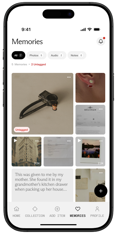 Ethereal app screen showing an item profile with photos and notes